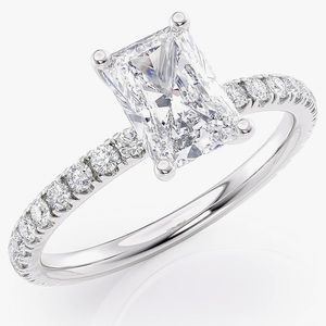 2 Ct Radiant Cut Moissanite Ring w 1/3 Ct Round Natural Diamond in 14K Gold
